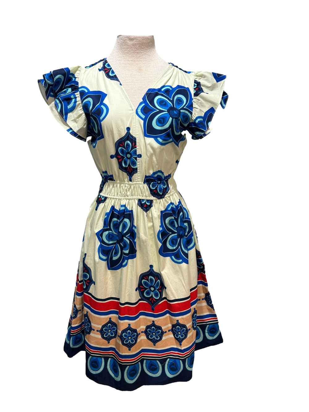 Maude Vivante sz XS pale green with blue bold patterned 100% cotton dress NWOT